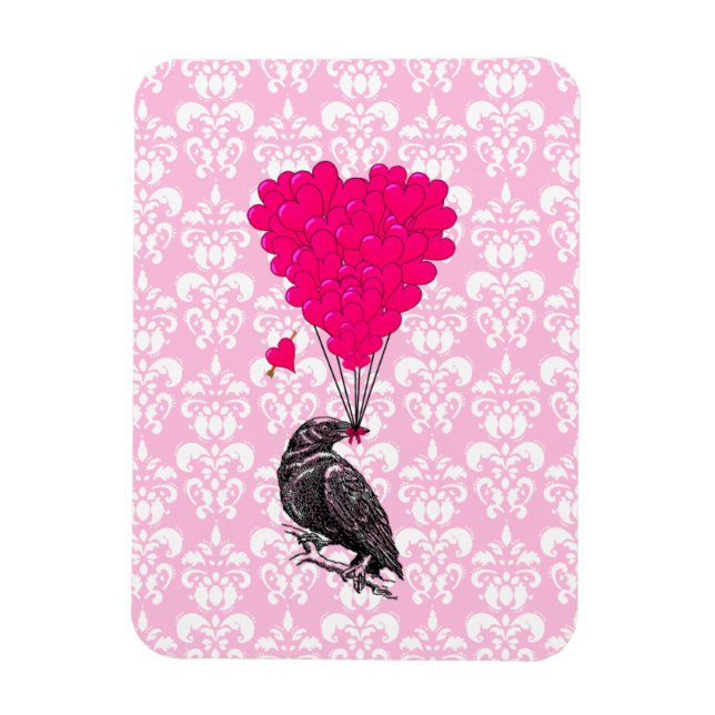 Crow and heart on pink damask magnet (Vertical)