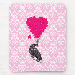 Crow and heart on pink damask mouse pad