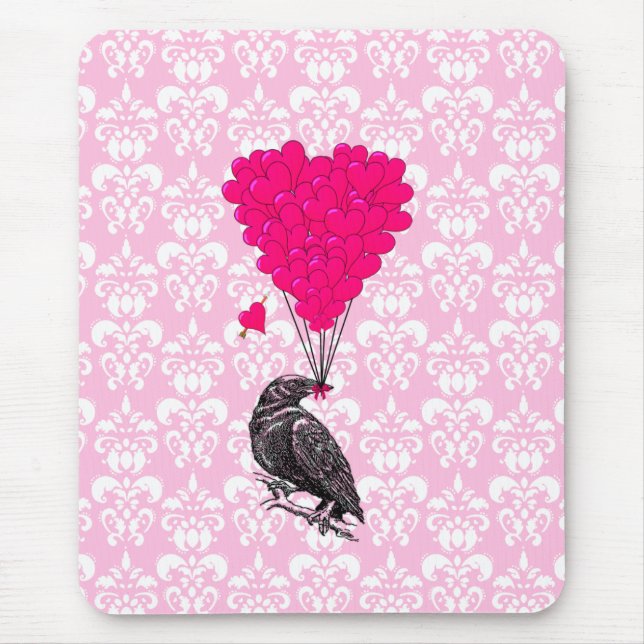 Crow and heart on pink damask mouse pad (Front)