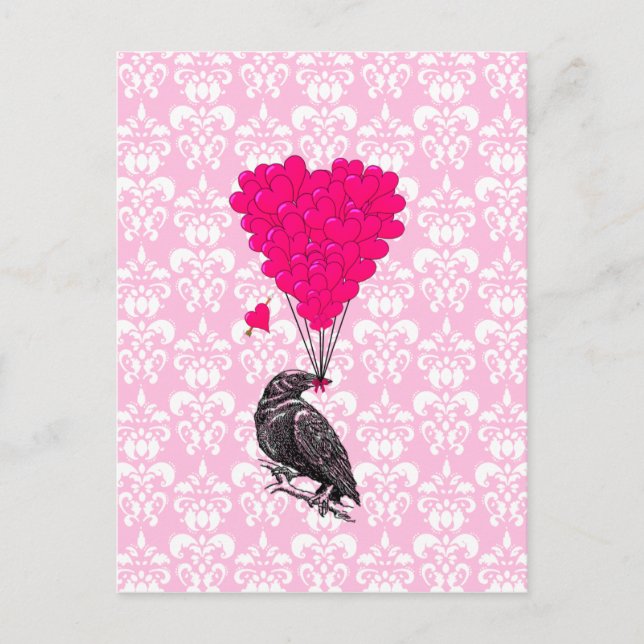 Crow and heart on pink damask postcard (Front)