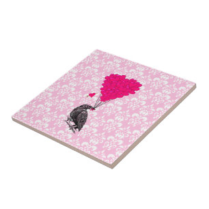 Crow and heart on pink damask tile
