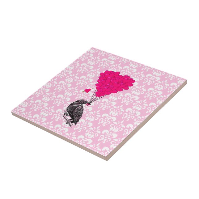 Crow and heart on pink damask tile (Side)