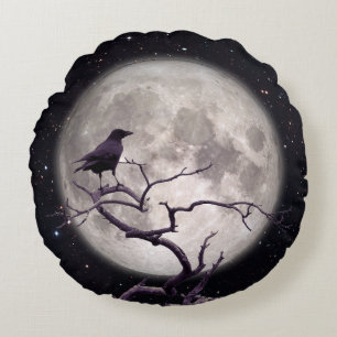 Crow and Moon 2, Crow Art, Raven, Gothic, Night Round Pillow