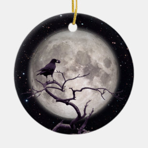 Crow and Moon, Crow Art, Raven, Gothic, Night Ceramic Ornament