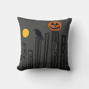Crow and pumpkin sitting on a fence Halloween. Throw Pillow
