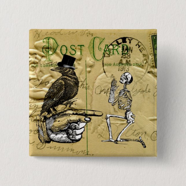 Crow and skeleton 2 inch square button (Front)