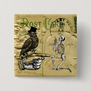 Crow and skeleton 2 inch square button