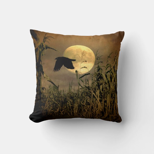 Crow And The Harvest Moon Throw Pillow (Front)