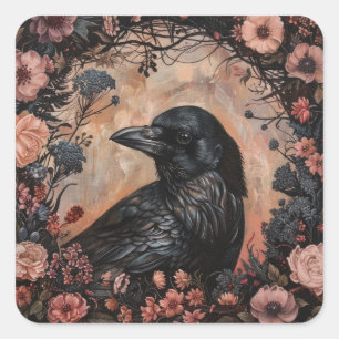 Crow "Cottage Core" floral Country. Goth Square Sticker