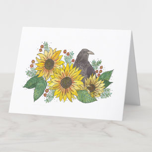 Crow dans Sunflowers Carte blanche Aquarelle