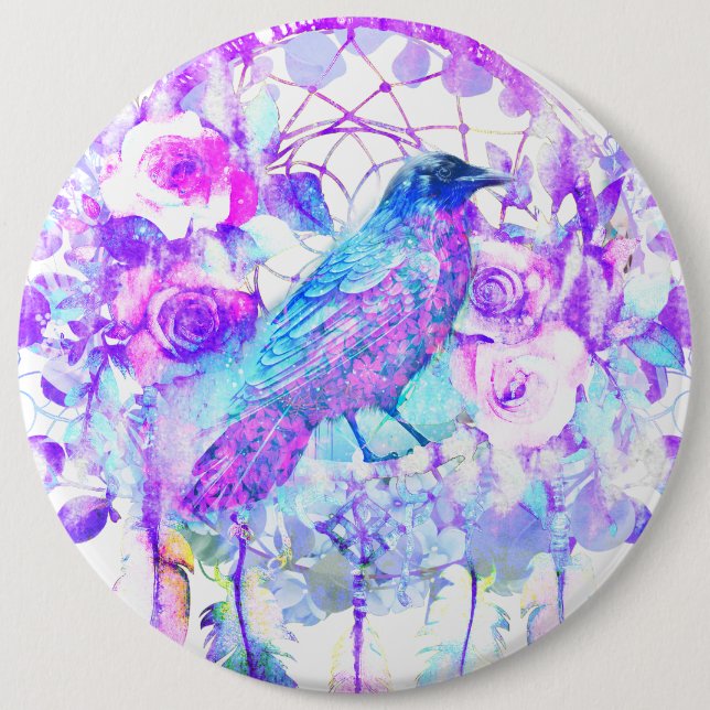 Crow Dreamcatcher Blue Purple Floral 6 Inch Round Button (Front)