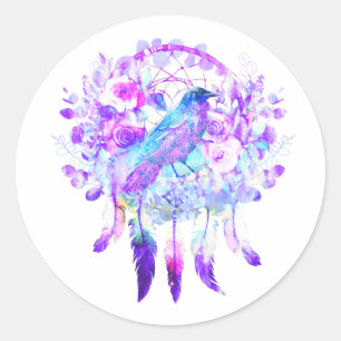 Crow Dreamcatcher Blue Purple Floral Classic Round Sticker
