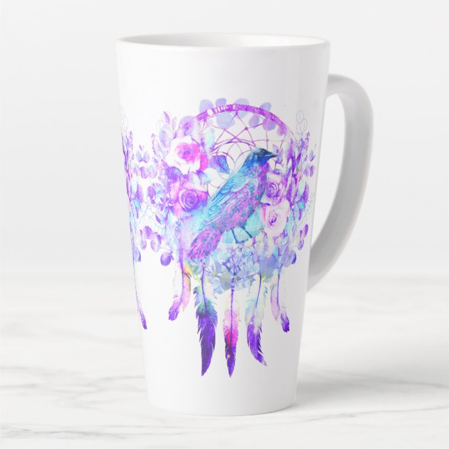 Crow Dreamcatcher Blue Purple Floral Latte Mug (Right Angle)
