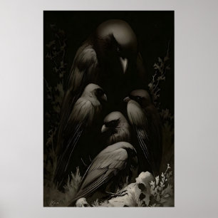 Crow Gathering Print Dark Academia, Gothic Wall