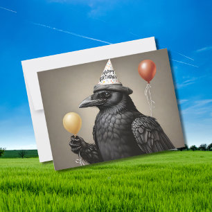 Crow holding yellow balloon happy birthday hat postcard