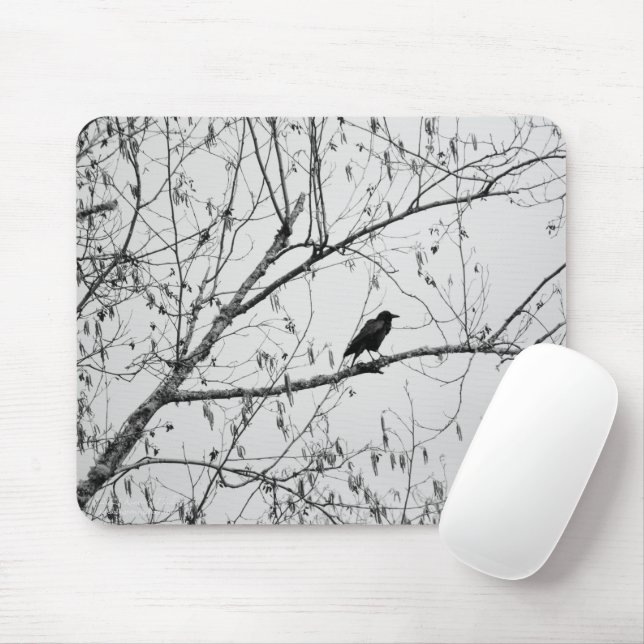 Crow in a Birch Tree Mouse Pad (With Mouse)