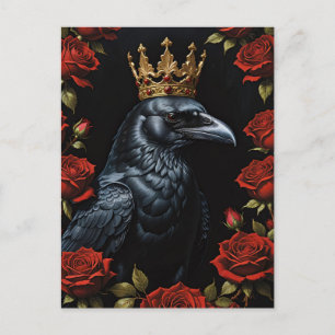 Crow in A Gold Crown Ruby Red Roses Postcard