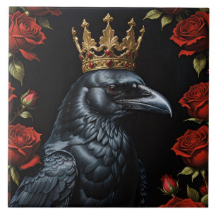Crow in A Gold Crown Ruby Red Roses Tile