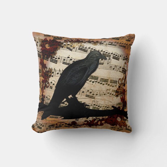 Crow in Rustic Music Throw Pillow (Front)
