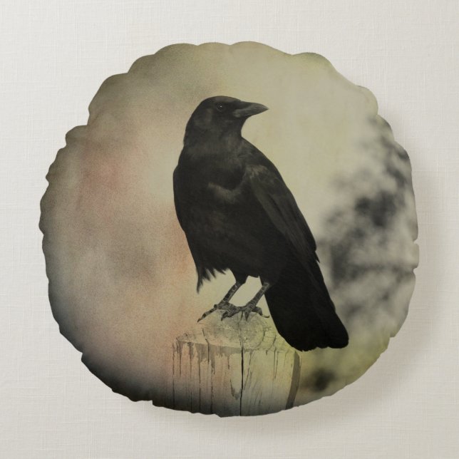 Crow on A Fence Post Round Pillow (Front)