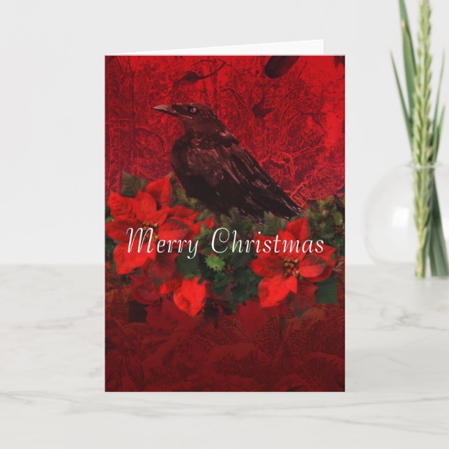Crow on Poinsettias and Holly Christmas Card (Front)