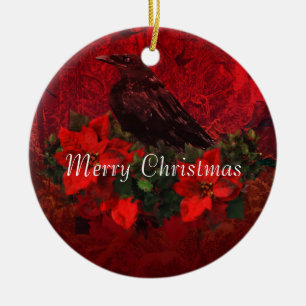 Crow on Poinsettias and Holly Christmas Ornament