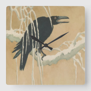 Crow on Snowy Branch Vintage Art Accent Clock