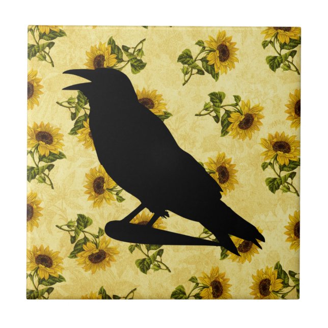 Crow on Sunflowers Tile (Front)