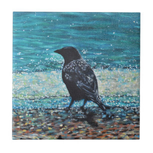 Crow on the Beach Painting Tile