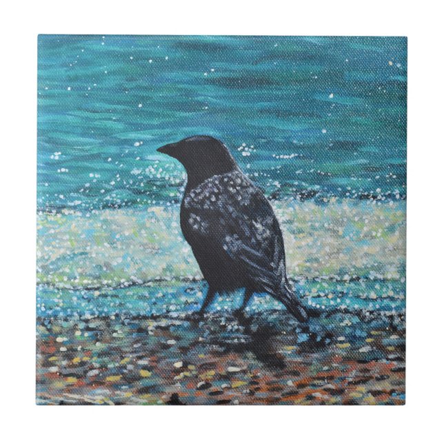 Crow on the Beach Painting Tile (Front)