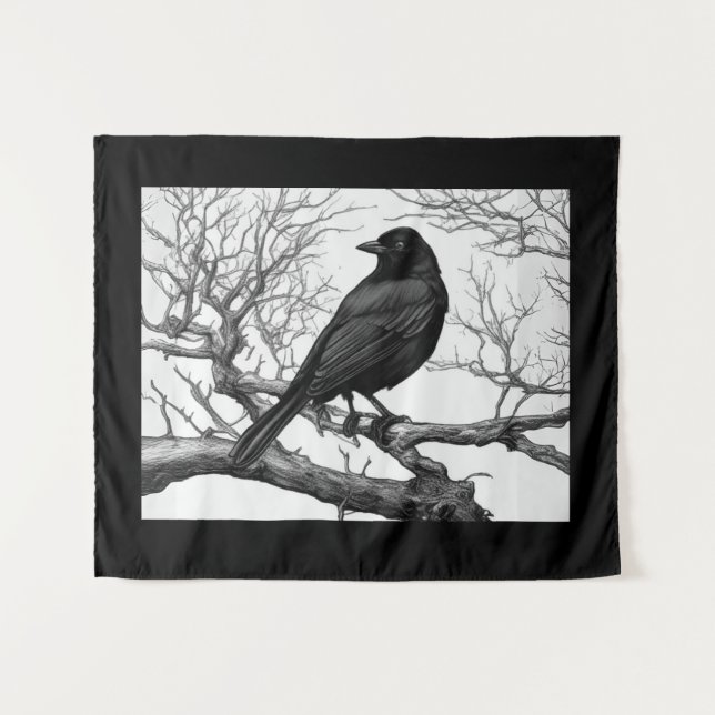 Crow Perched on Bare Winter Branches Tapestry (Front (Horizontal))