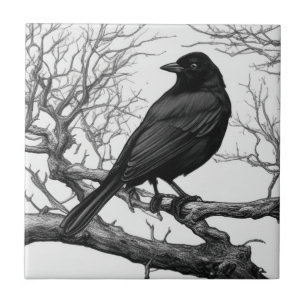 Crow Perched on Bare Winter Branches Tile