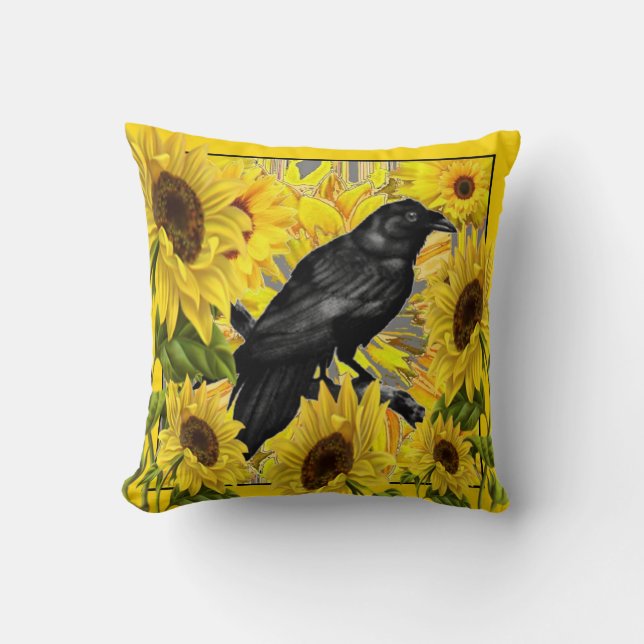 CROW/RAVEN AMONGST YELLOW SUNFLOWERS THROW PILLOW (Front)