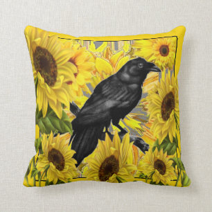CROW/RAVEN AMONGST YELLOW SUNFLOWERS THROW PILLOW