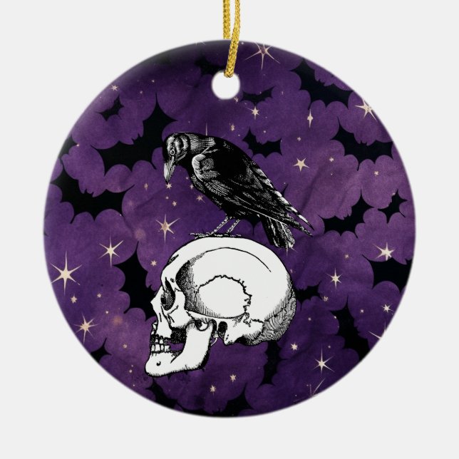 Crow Raven and Skull Halloween Purple Stars Bats Ceramic Ornament (Front)