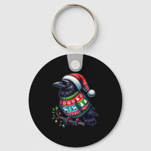 Crow Raven Bird Ugly Sweater Santa Hat Christmas Keychain