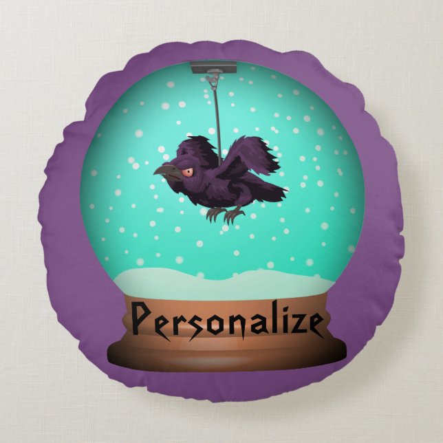 Crow raven black purple teal fall snow globe round pillow (Front)