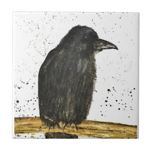 Crow Raven Black rustic vintage Watercolor bird Tile