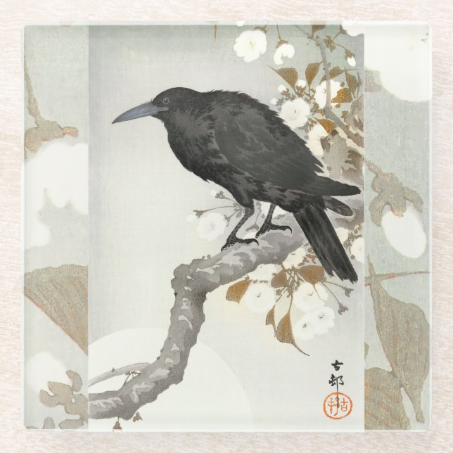 Crow Raven Koson Japanese Bird Glass Coaster (Front)