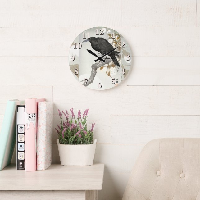 Crow Raven Koson Japanese Bird Large Clock (Reading Room)