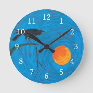 crow raven moon round clock