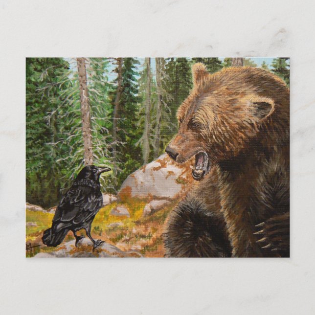 Crow Raven taquiner Grizzly Bear carte postale de  (Devant)