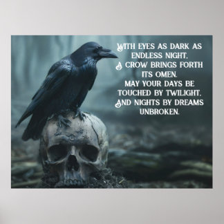 Crow sitting on a skull with a gothic message poster