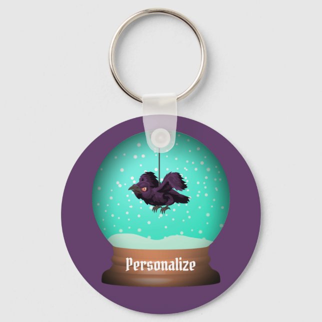 Crow snow globe raven fall unique purple gothic keychain (Front)