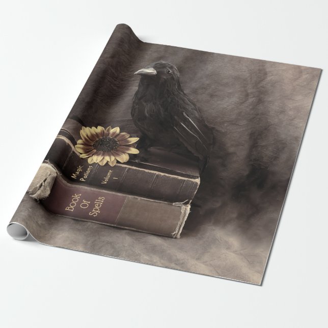 Crow Vintage Gothic Old Books Sunflower Wrapping Paper (Unrolled)