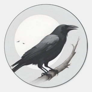 Crow with the moon classic round sticker