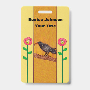 Crow With Two Abstract Red Flowers on Stems Yellow Badge