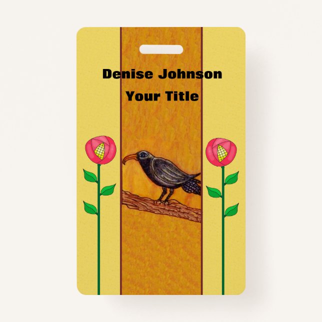 Crow With Two Abstract Red Flowers on Stems Yellow Badge (Front)