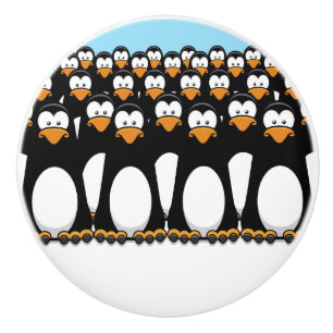 Crowd of Funny Cartoon Penguins on Snow Ceramic Knob