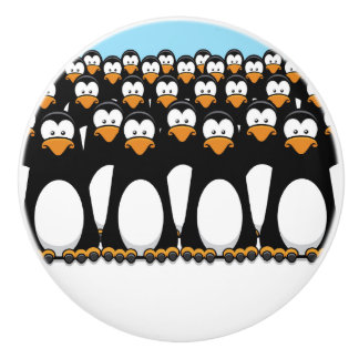 Crowd of Funny Cartoon Penguins on Snow Ceramic Knob